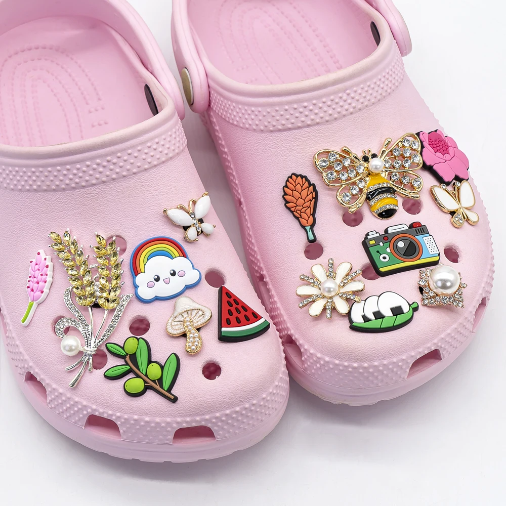 1pcs 8pcs Bling+ 9pcs 2D Butterfly Bee Metal Shoe Charms Flower Watermelon Shoe Decoration Accessories Rainbow Clog for Kid Gift
