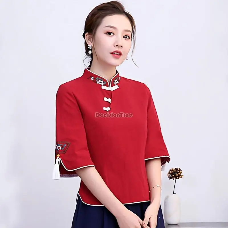 

2023 ethnic style women's retro cotton linen cheongsam blouse women chinese tea embroidery seven-point sleeve qipao top s257