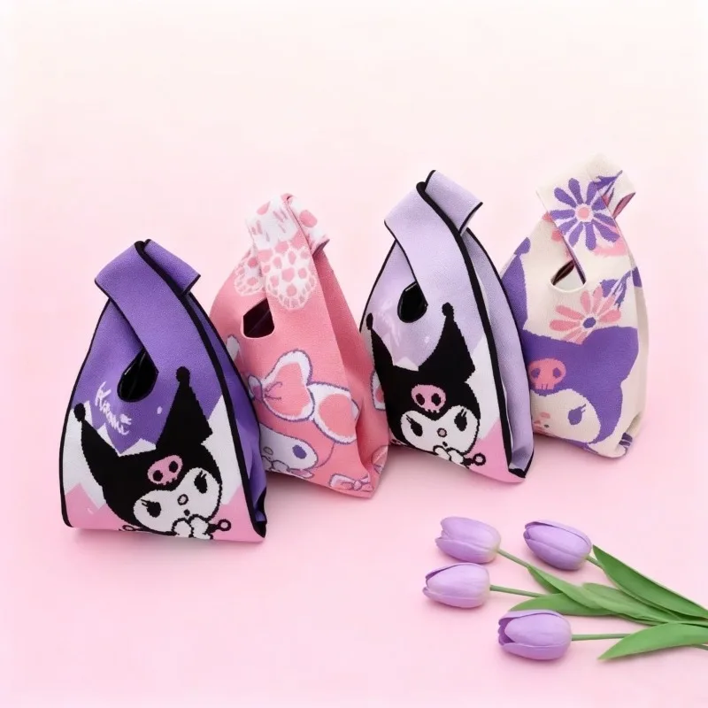 Cinnamoroll Printed Knit Tote Bag Cute Cartoon Soft Yarn Handbag Casual Shoulder Bag for Women Shopping Beach Daily Use Gift