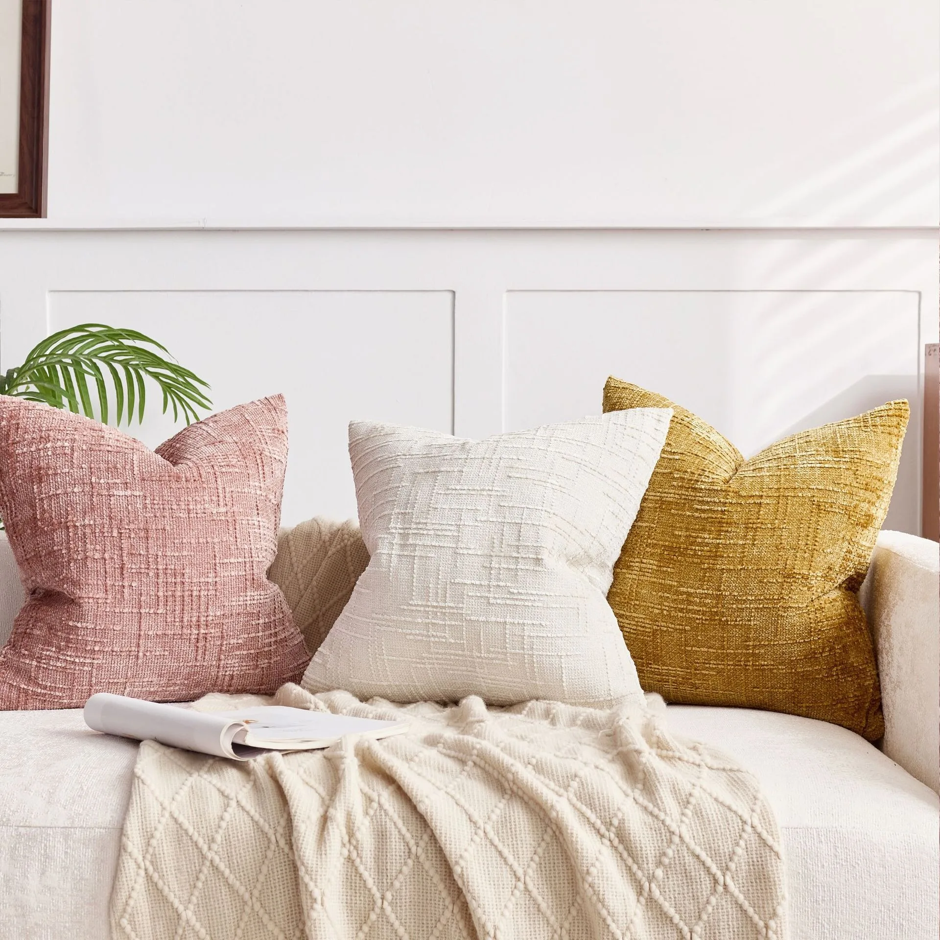 1Pc Chenille Throw Pillow Cover 18x18In Bamboo Thread Yarn Texture Cushion Cover Solid Farmhouse Pillowcases Decor for Home Sofa