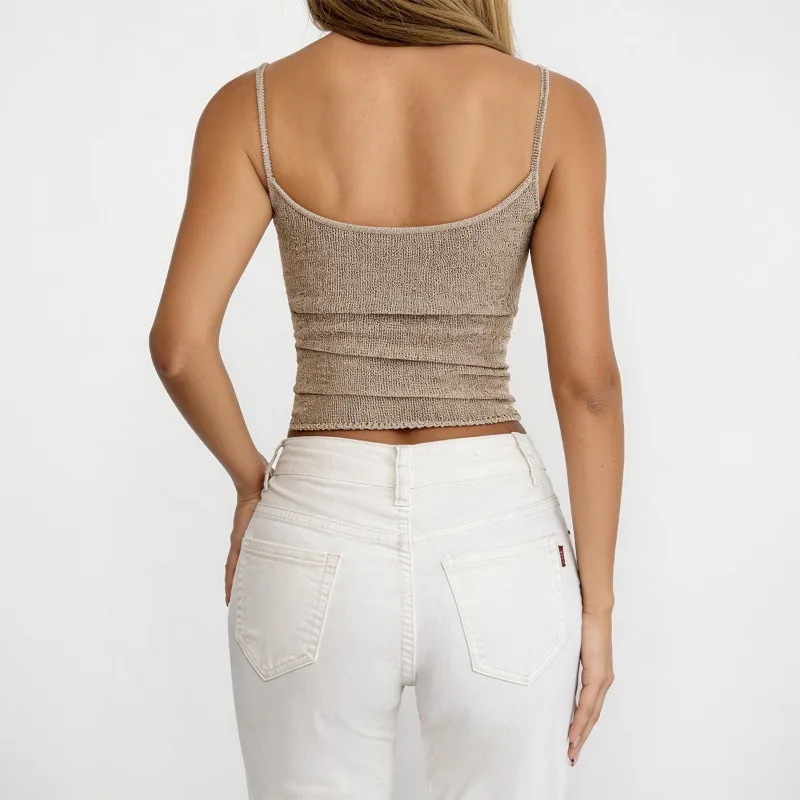 Y2K Sling Tube Top Textured Spaghetti Strap Cami Quare Neck Slim Fit Crop Tank Casual Basic Vest for Women Daily Wear