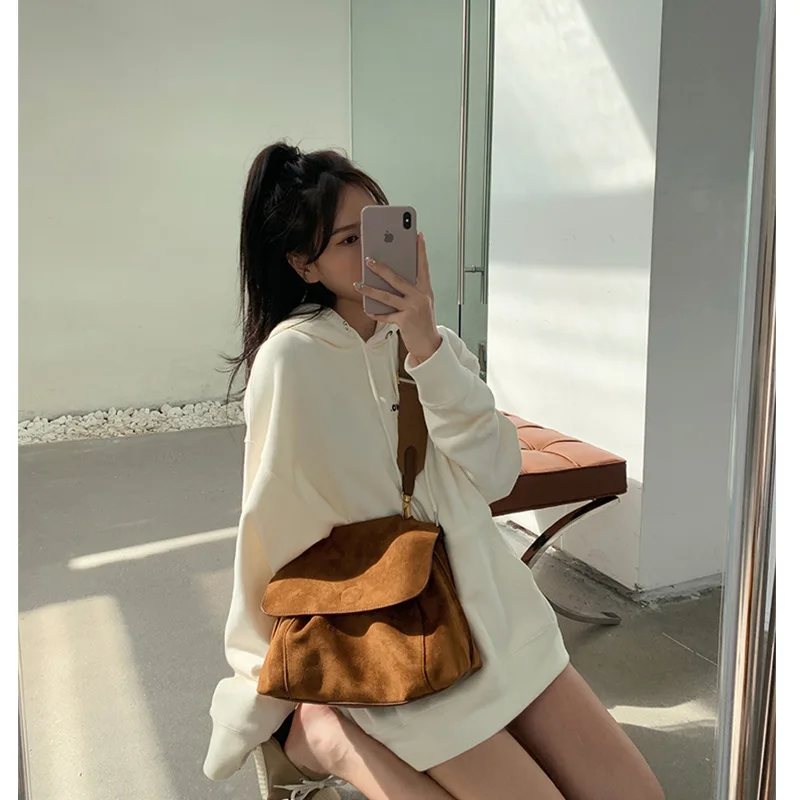 Retro Autumn Winter Frosted Brown Suede Shoulder Bag Women,s Large Capacity Handbags Designer Tote Bag Crossbody Bag