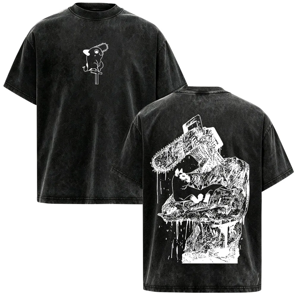 Anime Chainsaw Man Vintage Washed T-shirt Denji Pochita Manga Graphic T Shirts Men Women Clothing Casual Cotton Fashion T-shirts