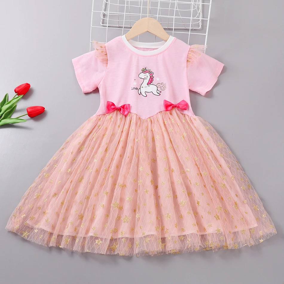 2024 New Summer Girls Dress Cotton Cartoon Unicorn Splicing Mesh Party Princess Dresses For 2-10 Years Children Birthday Clothes