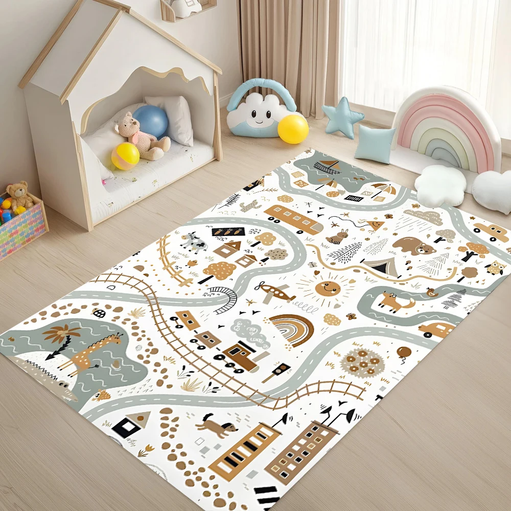 Kids Interactive Cartoon Animal Traffic Track Carpet Forest Theme Fun Play Mat Easy Clean Rug for Living Room Kids Bedroom