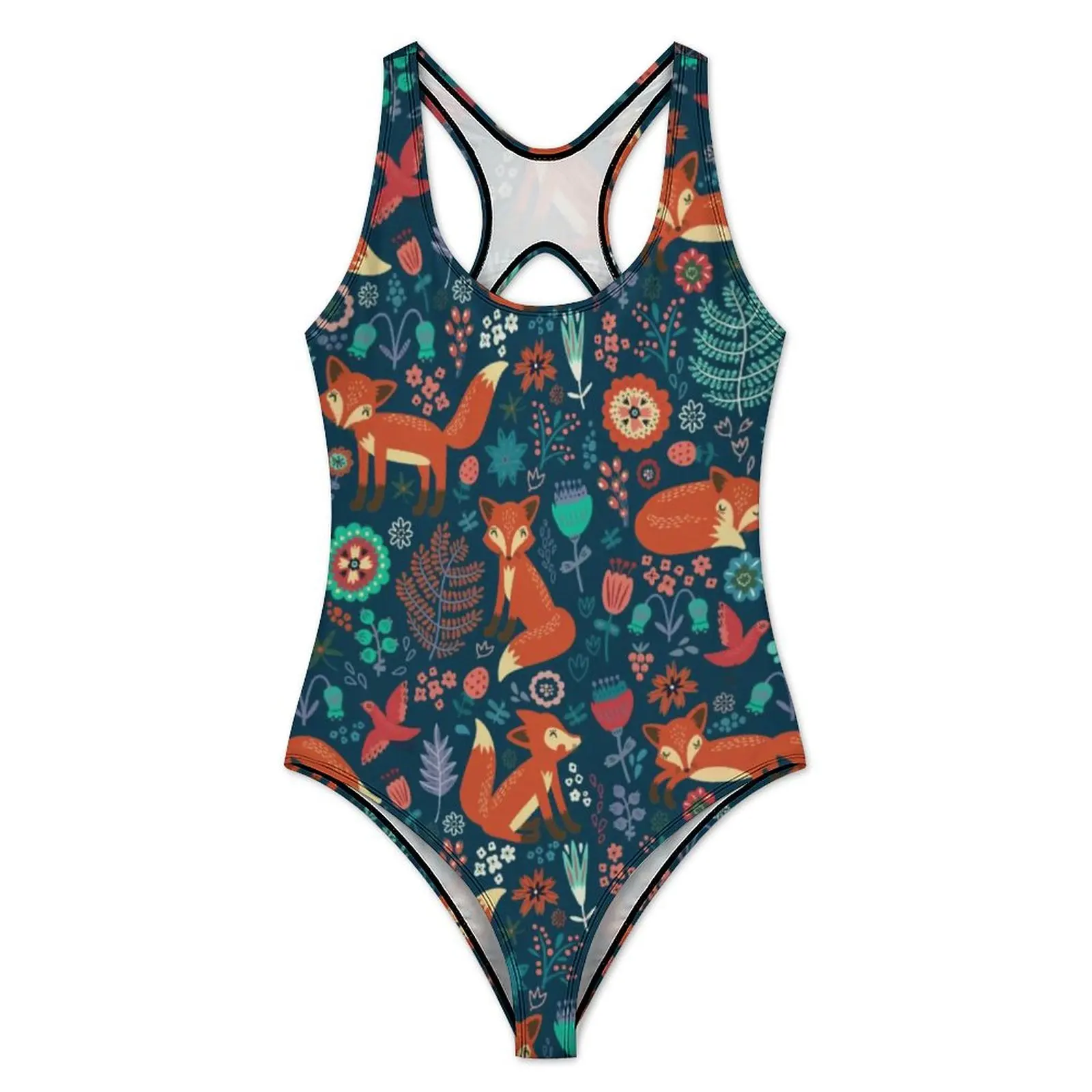 Cute Red Fox Swimsuit Flowers Push Up Swimwear One Piece Vacation Bath Bathing Suits Bodysuit Sexy Graphic Beach Wear Plus Size
