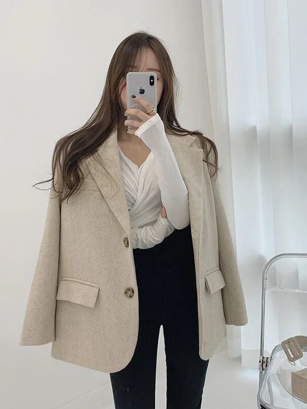 

Retro Chic Autumn Winter Tweed Suit Jaet Women's ort Coat Waist Cinched Belted Notch Collar Long Sve Commute Sle