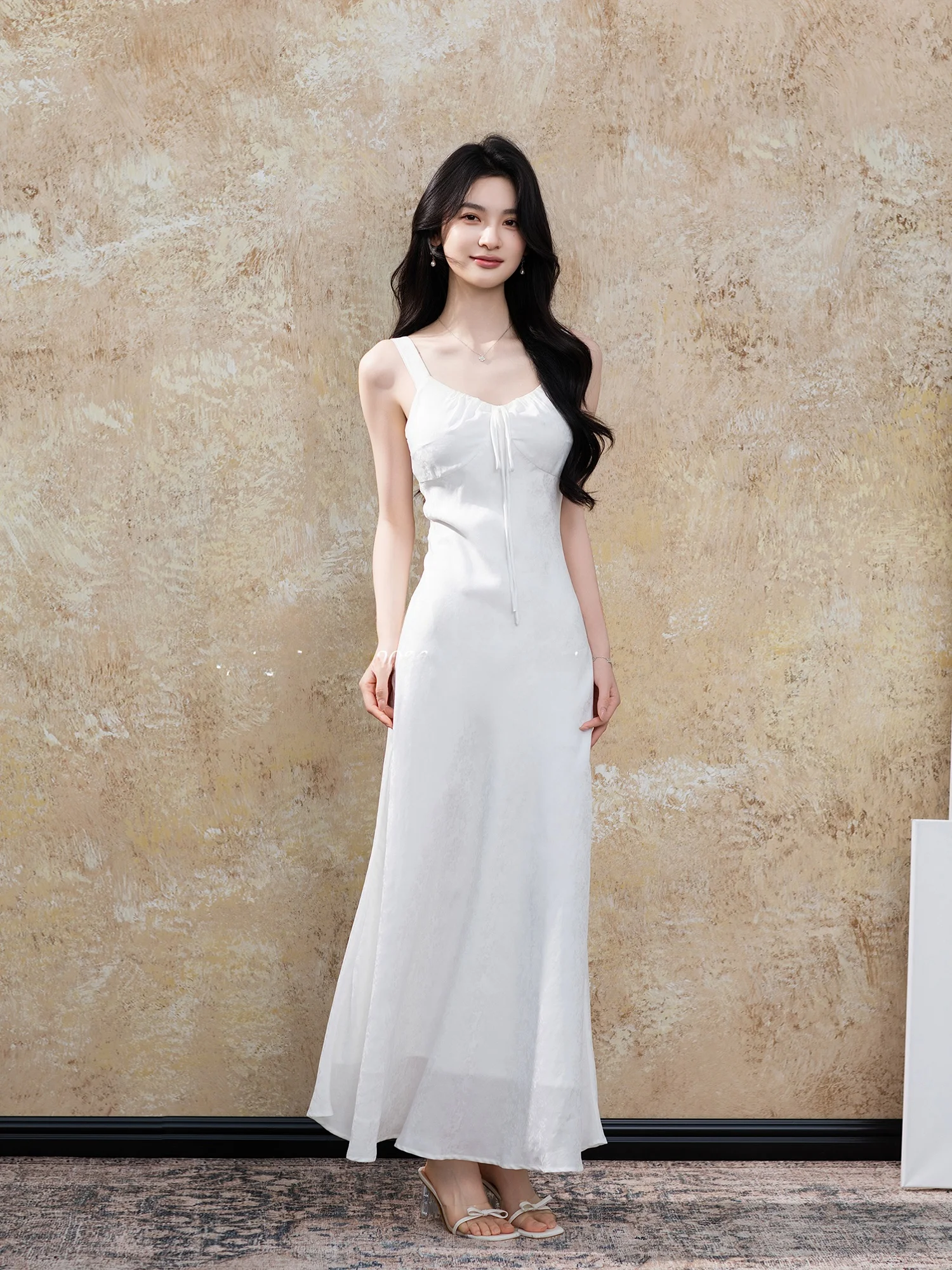 

Elegant Floral Embroidery Dress Touchin Haute Gentle White Dress French Style Regular Sleeve Polyester Viscose Blend Slim Fit