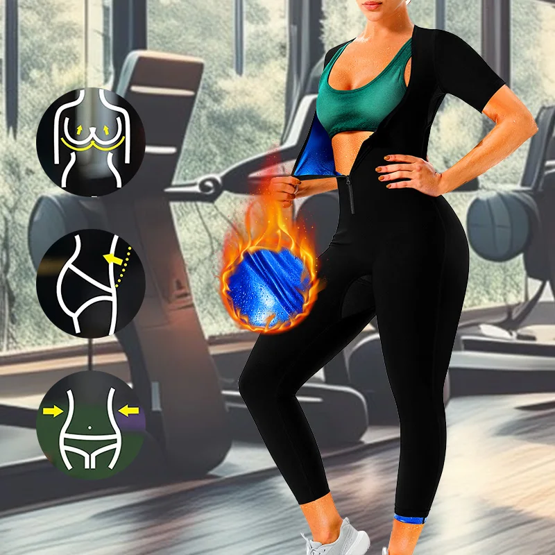 

Women's 4-In-1 Sauna Sweat Suits Short sleeved pants for Adult Fat Workout Weight Loss Full Body Slimming Shaper Waist Trainer