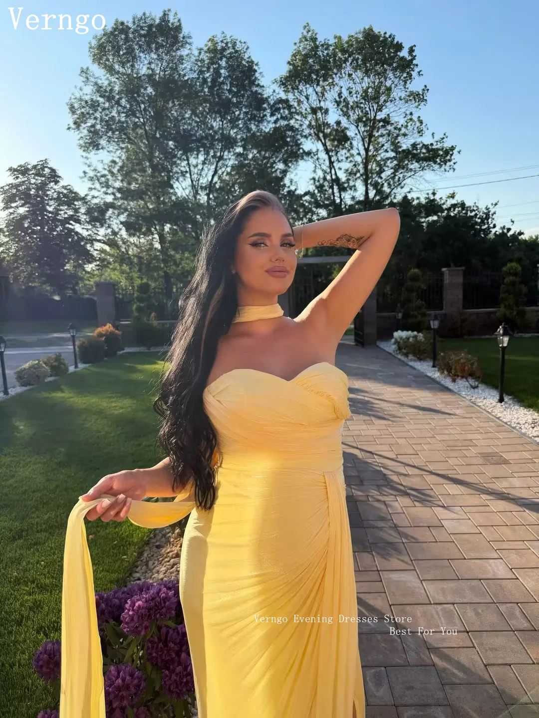 

Verngo Luxury Shiny Yellow Evening Dress Elegant Sweetheart Mermaid Prom Dress Flowing Hand-pleated Silk Party Dress Customized