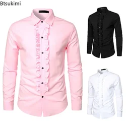New 2026 Men's Long Sleeve Tuxedo Shirts Fashion Party Wedding Male Dress Shirts Ruffle Pleated Design Solid Shirt Chemise Homme