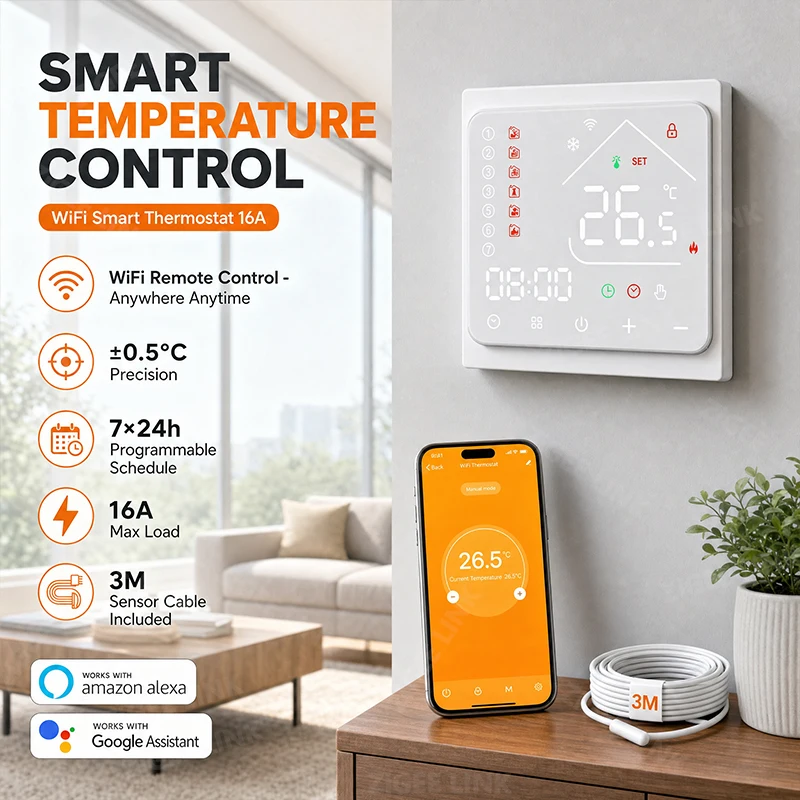 16A WiFi Electric Floor Heating Thermostat Touch Panel Programmable Timer Child Lock Energy Saving Work With Tuya Smart Life