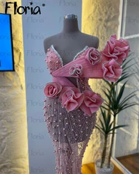 Pink 3D Flowers Off Shoulder Sleeve Party Dresses Headmade Pearls and Crystals Formal Evening Dress Bespoke Occasion Dresses