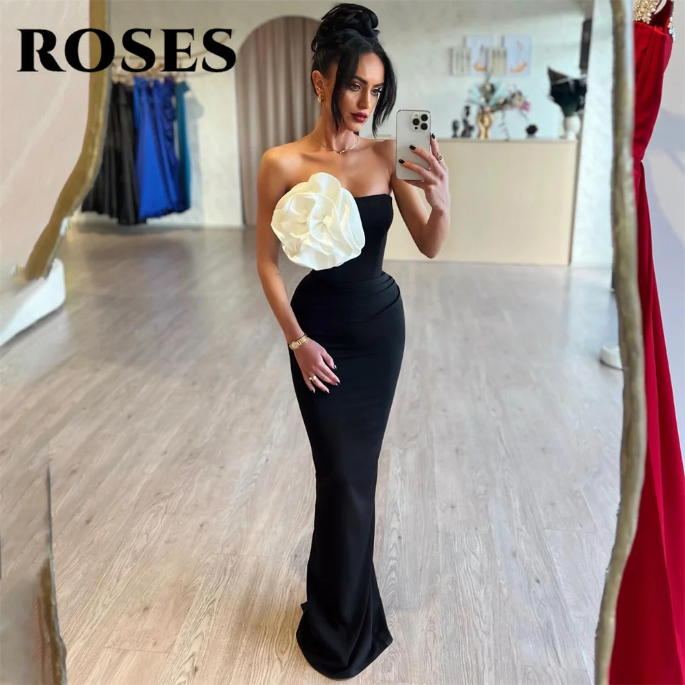 

ROSES Simple Black Evening Dress Strapless Satin Appliques Party Dress Pleat Mermaid فستان سهرة نسائ Prom Dresses