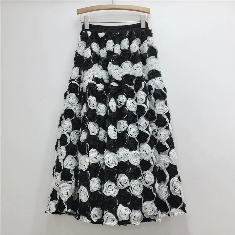 [EWQ] Contrast Colors 3D Floral Design Fashion Female Skirt High Waist All-match Casual Women Skirts 2024 Autumn New 16O2223