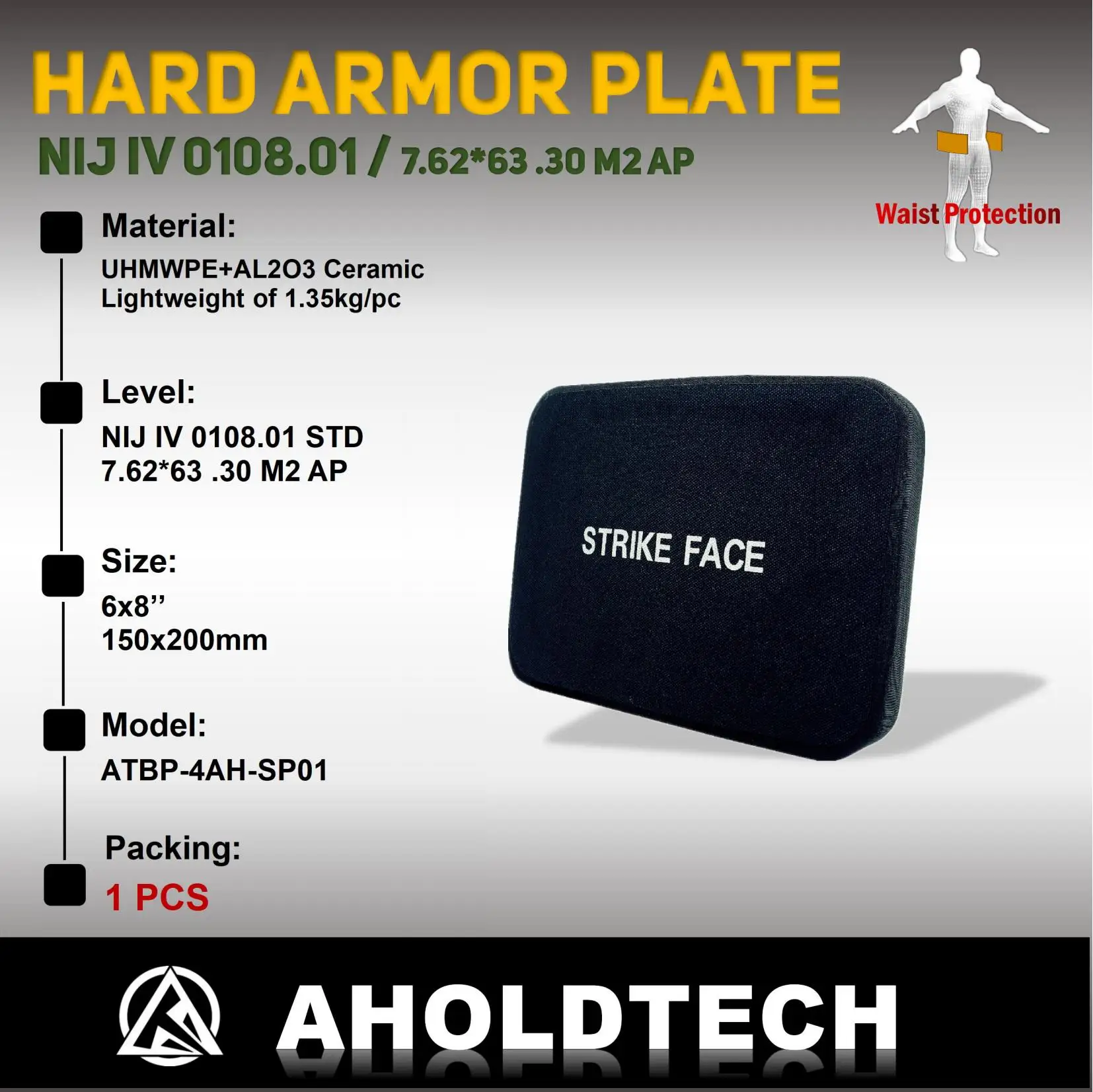 

Aholdtech 1PCS NIJ IV Level 4 SA 6X8 150X200mm Hard Armor Bulletproof Side Waist Plate