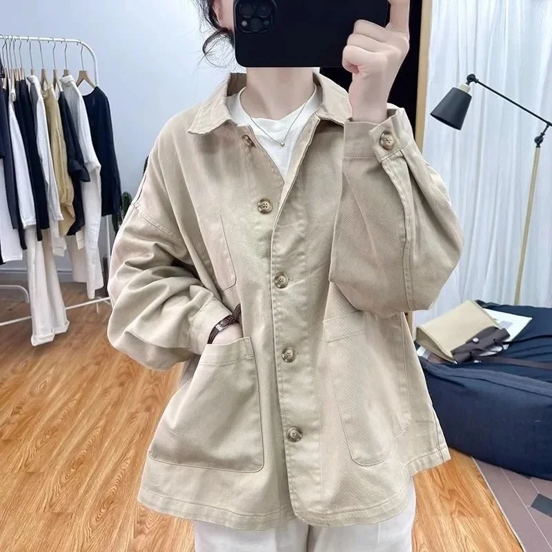 Slimming Casual Plaid Loose Women's Jacket Autumn Fashion Small Size Suit Collar Multi-Pocket Polyester Fiber Straight Hem
