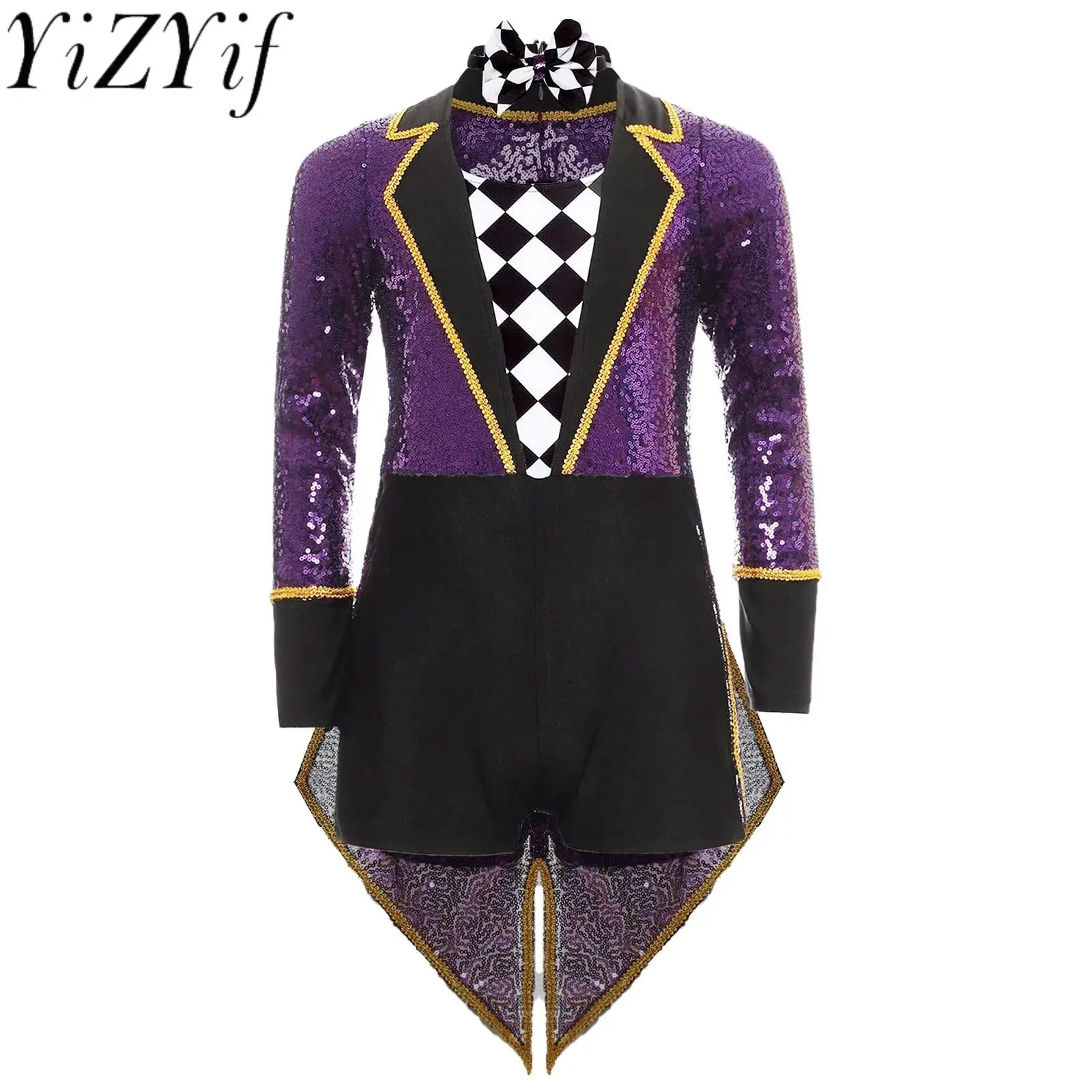 

Kids Unisex Circus Ringmaster Performance Costume Long Sleeve Sequins Tailcoat Bodysuit with Bow Tie for Festival Party Carnival