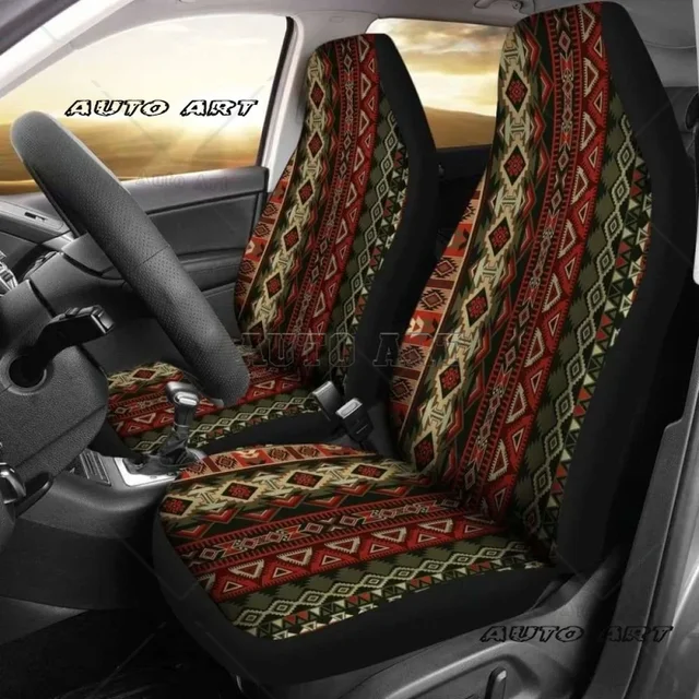 Czerwono-brązowe pokrowce na fotele samochodowe Boho Aztec, zestaw 2-częściowych uniwersalnych pokrowców ochronnych na przednie fotele