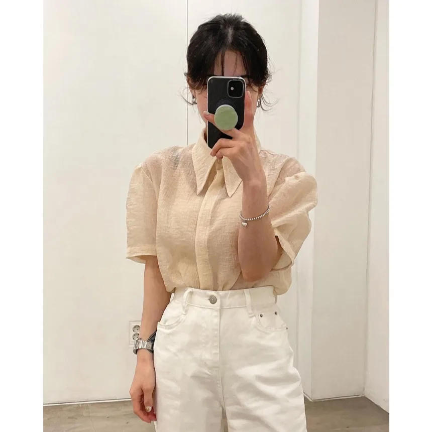 

Casual Short Sleeve Shirt Women's Texture Sensation Elegant Design Lightweight Summer Fashion Top for Young Girls