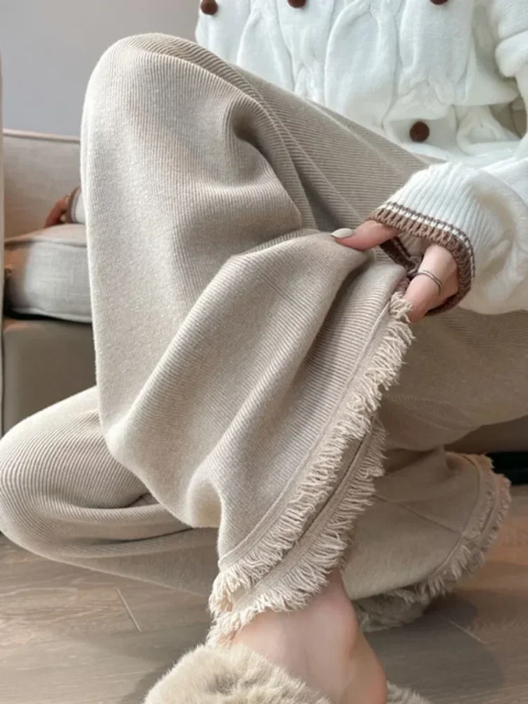 Thickening Women's Pants Solid Loose Knitting High Waist Wide Leg Pants New Warm Autumn and Winter Fashion Woman Trousers 2024