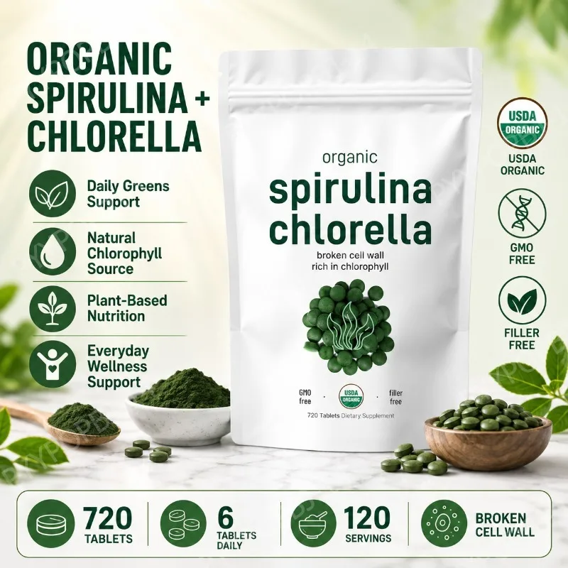 Tabletas de Espirulina y Chlorella Orgánicas, Suplemento Diario de Vegetales, Nutrición a Base de Plantas, Pared Celular Rota, Rico en Clorofila, 720 Tabletas