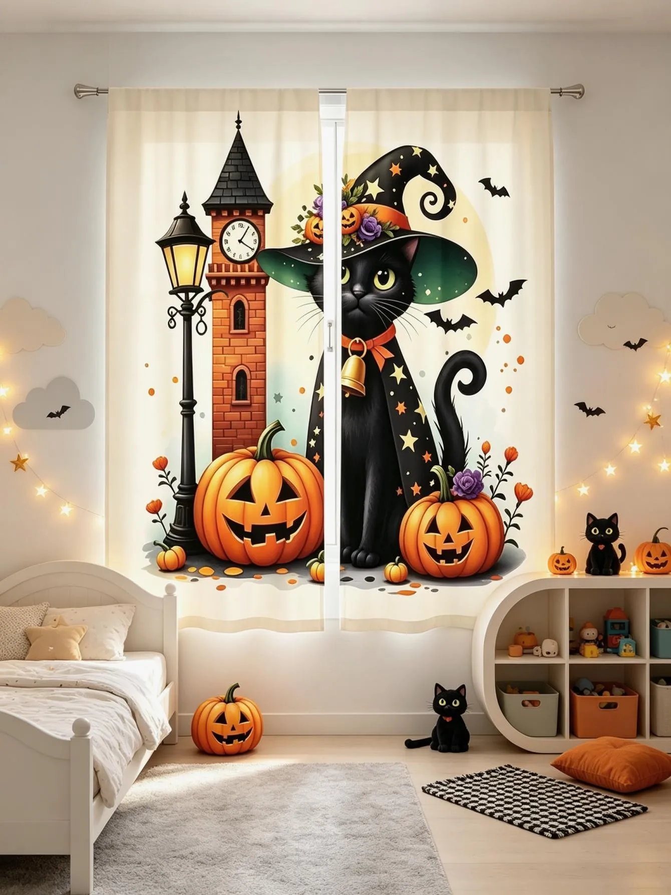 2PCS Digital Print Curtain, Clock Tower Black Cat Halloween, Gothic Spooky Vintage for Living Room Bedroom Kitchen Decor