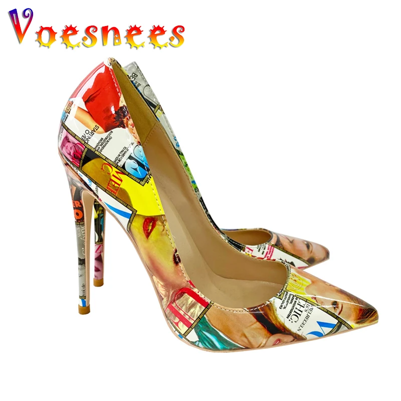 12CM Poster Letter High Heels Colorful Pointed Toe Print Women's Shoes Outdoors Street Walking Europe And America Style Pumps