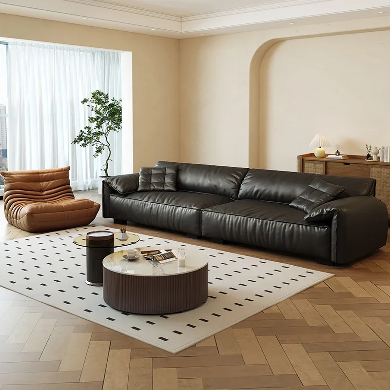 Elephant ears first layer cowhide sofa Italian minimalist small apartment living room black retro nappa leather three people