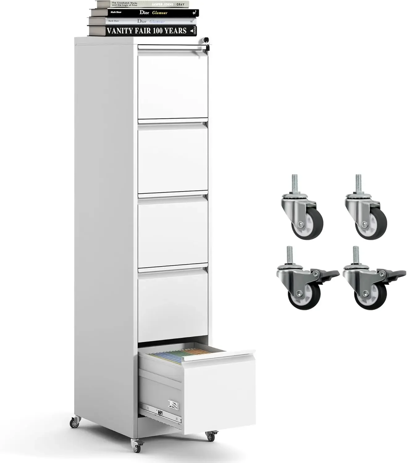 5 Drawer Mobile File Cabinet, Metal Filing Cabinet with Lock and Wheels, Home Office Rolling File Cabinets for Legal/Letter Hang