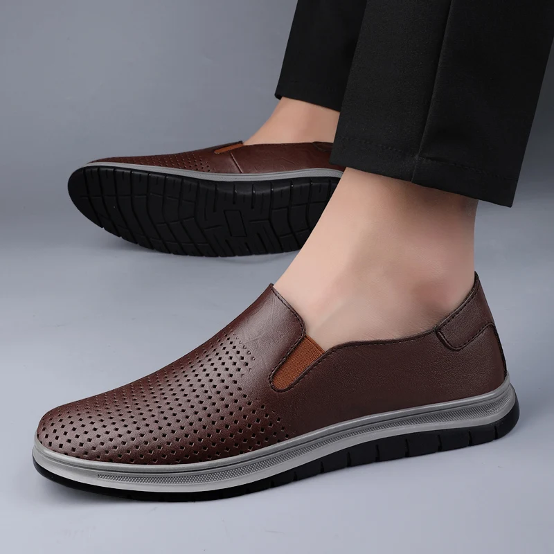 Summer Genuine Leather Men Shoes Luxury Brand Casual Slip on Formal Loafers Men Moccasins Italian Black Male Driving Shoes Men