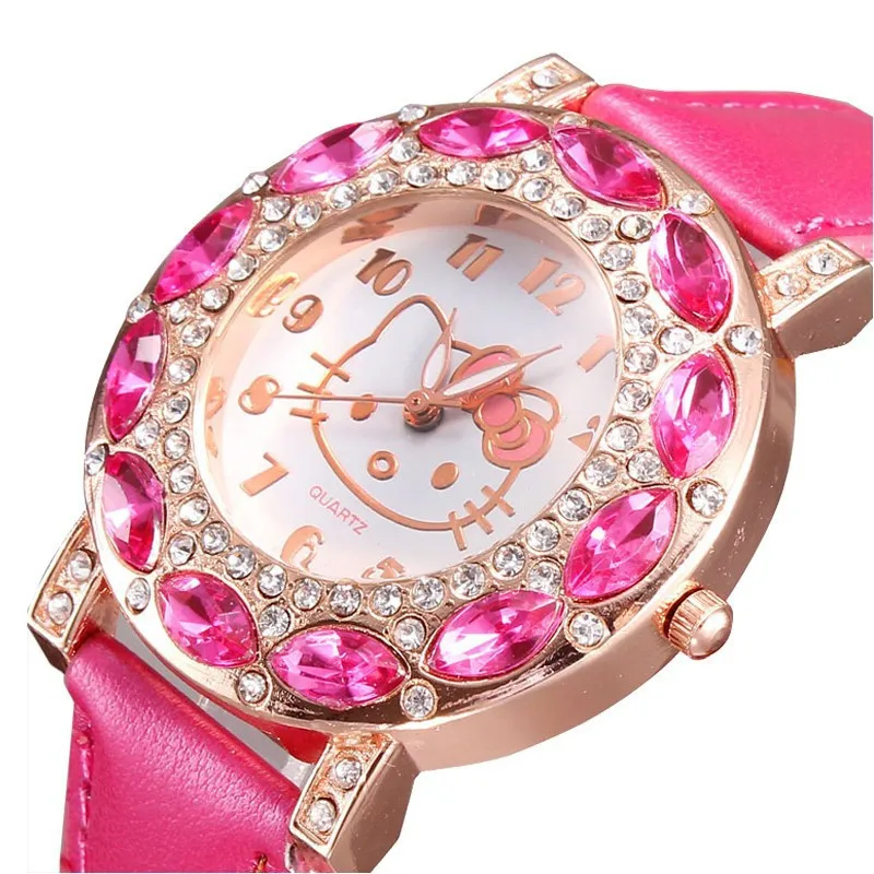 New Hello Kitty Diamond Quartz Watch for Women Sanrio Cartoon Fashion PU Leather Belt Watch Children Birthday Gift