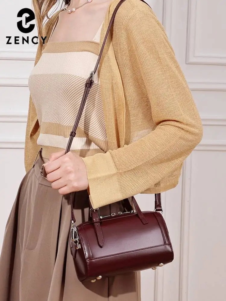 Zency Retro Dark Red Genuine Leather Small Top-handle Bag For Women Boston Bag Shoulder Handbag Crossbody Bolsa