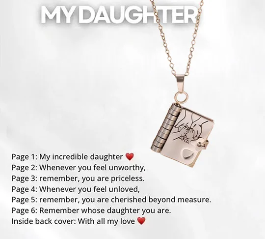 Collar con Medallón Dorado para Hija, Collar con Colgante de Libro con Mensaje Grabado, Collar de Acero Inoxidable Impermeable, Joyería de Regalo para Mujer