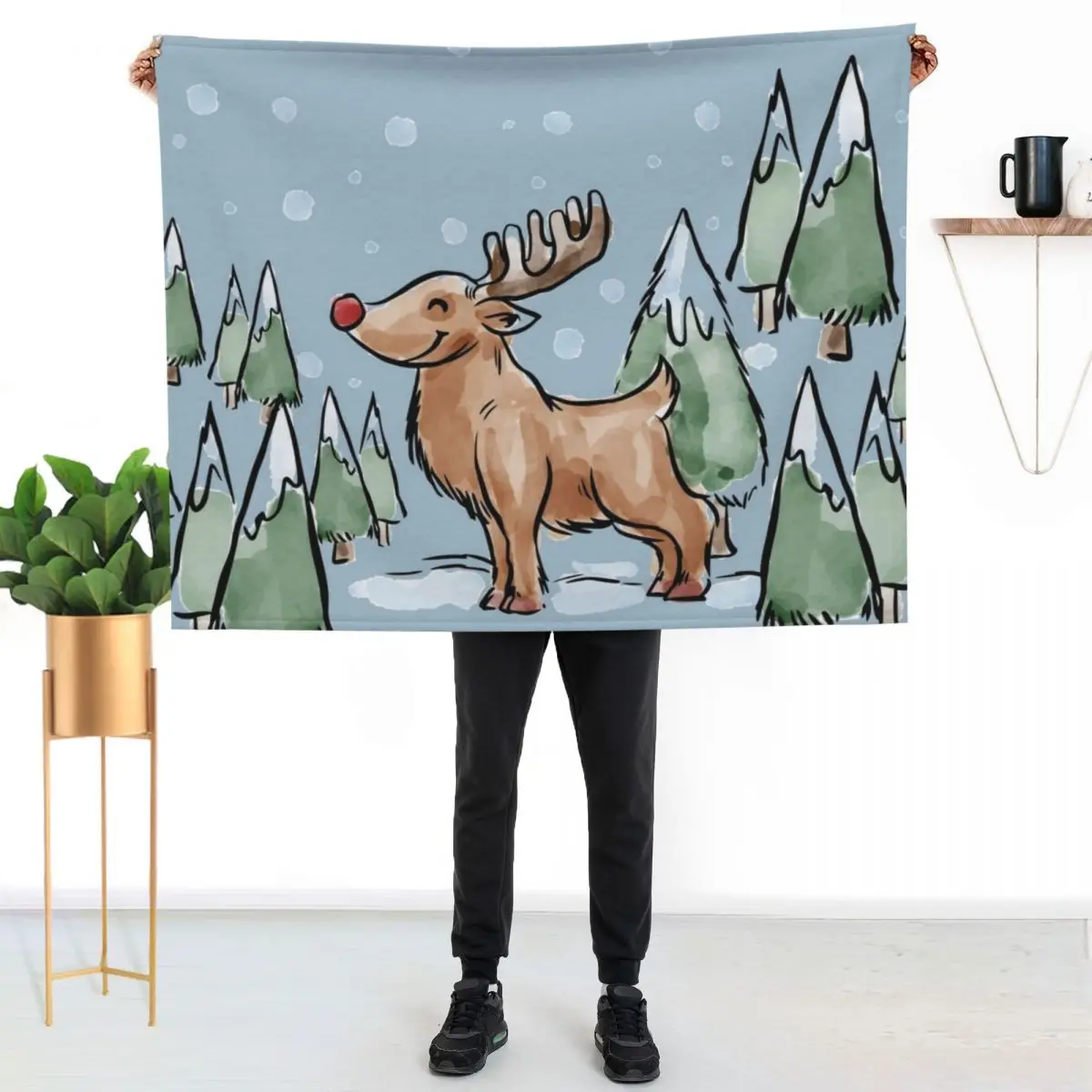 

Watercolor Painting of Red Nose Reindeer in Christmas Snow Throw Blanket Versatile Cozy Throw Blanket for All Occasions