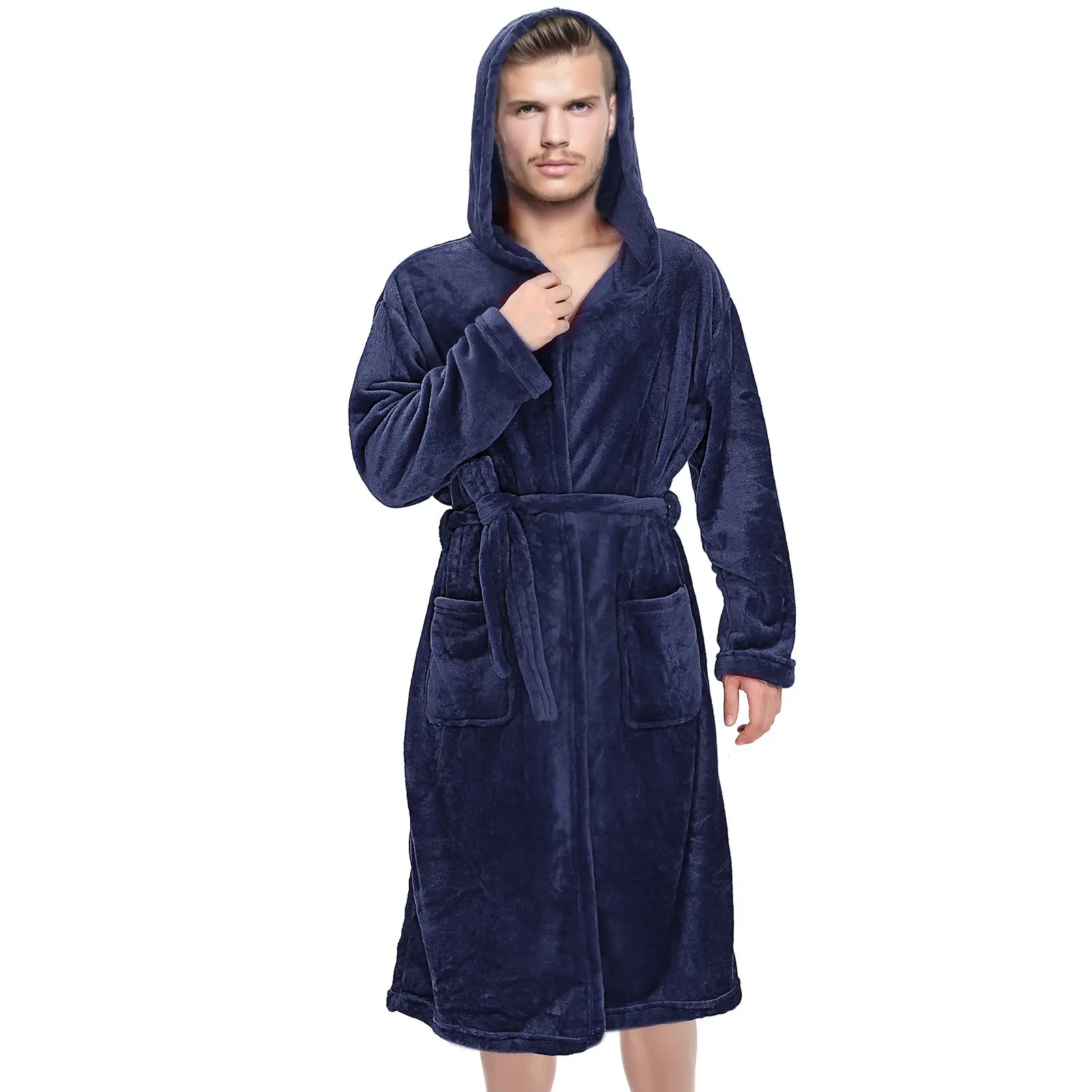 Men's Long Hooded Bathrobe Soft Polyester Towel Robe Lightweight Shower Robe Comfortable for Dorm Bath Robes Male