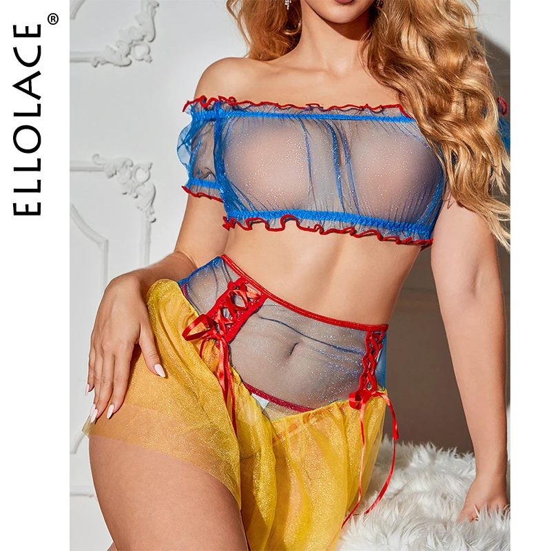 

Ellolace Halloween Lingeries Sexy Hot Disney Princess Cosplay Top Thong Skirt 3PC Pure Snow White Contrast Color Party Costume