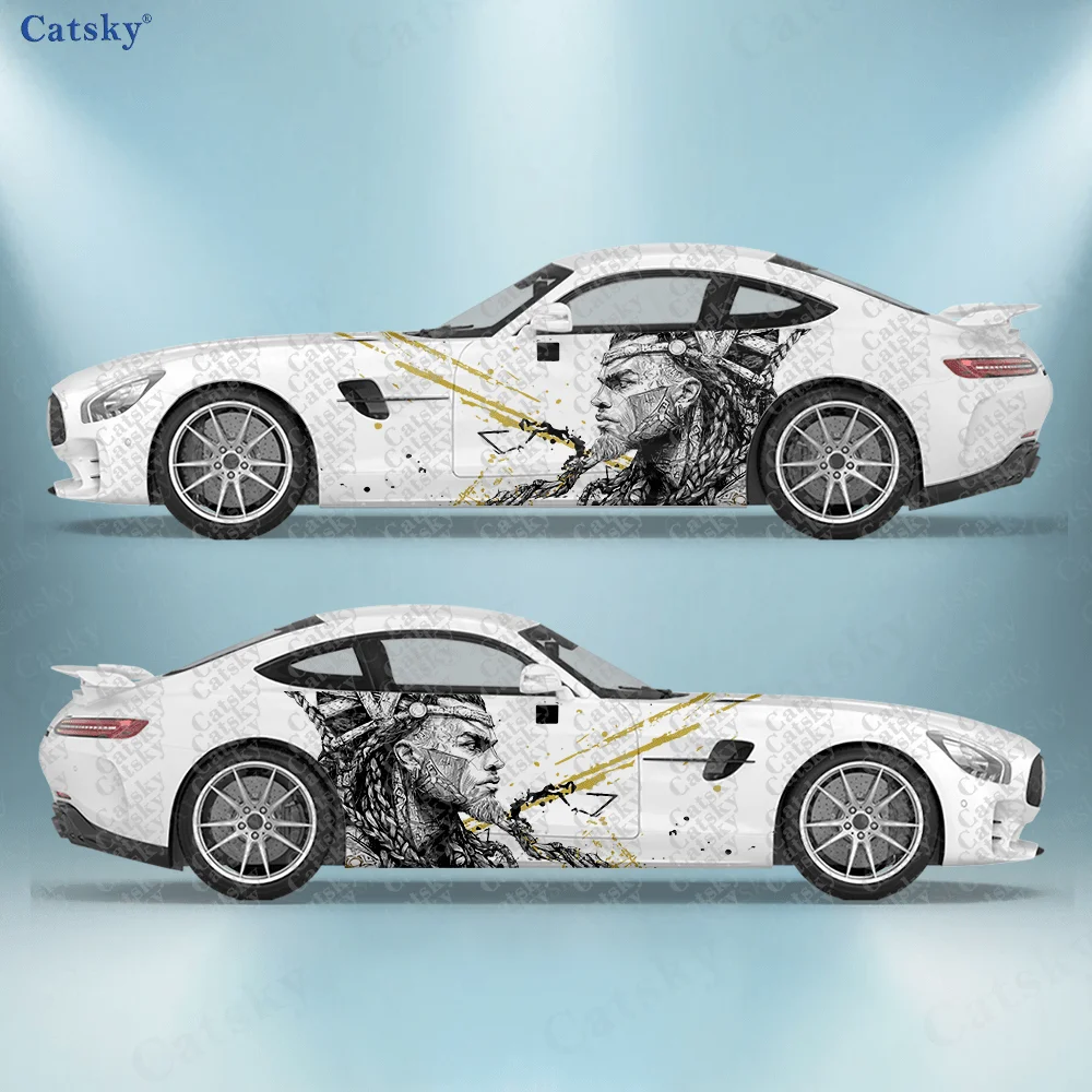2pcs Majestic Viking Tiger Warrior Car Side Decals, Self-Adhesive PVC Waterproof & Scratch-Resistant Sticker, Car Accessory Gift