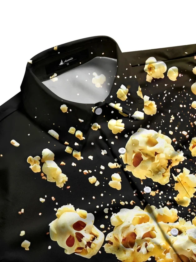 Funny Halloween Men's Shirt Skull Popcorn Print Lapel Short Sleeve Casual Streetwear Holiday Beach Men Clothing