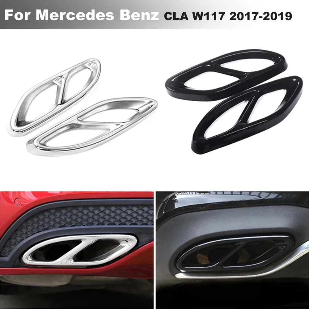 Black 2Pcs Silver Stainless Steel Tail Throat Exhaust Pipe Muffler Tip Cover For Mercedes Benz CLA W117 2017-2019 Trim Black