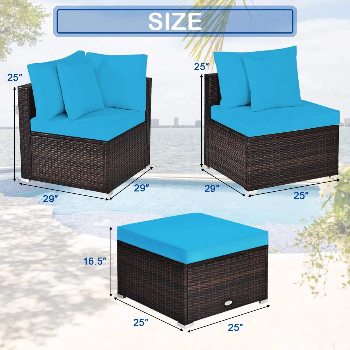 Patio Rattan Furniture Set Cushioned Sofa Ottoman Garden Turquoise, Customized