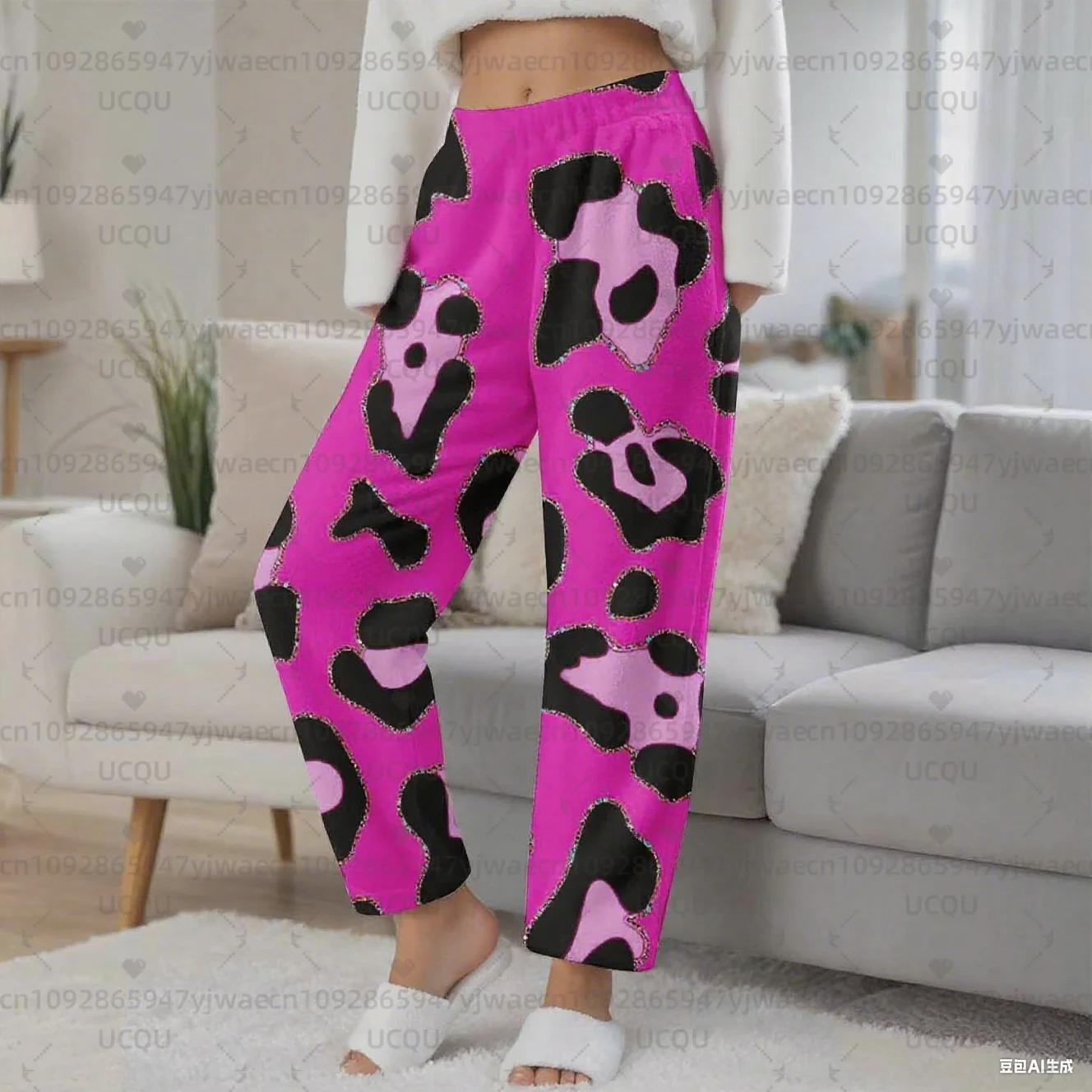 กางเกงขายาวแฟชั่นลายเสือดาวพิมพ์ลาย 3 มิติสำหรับผู้หญิง กางเกงผ้าแฟลนเนลสวมใส่สบายและอุ่น กางเกงลำลองสำหรับวัยรุ่นชายและเป็นชุดนอน