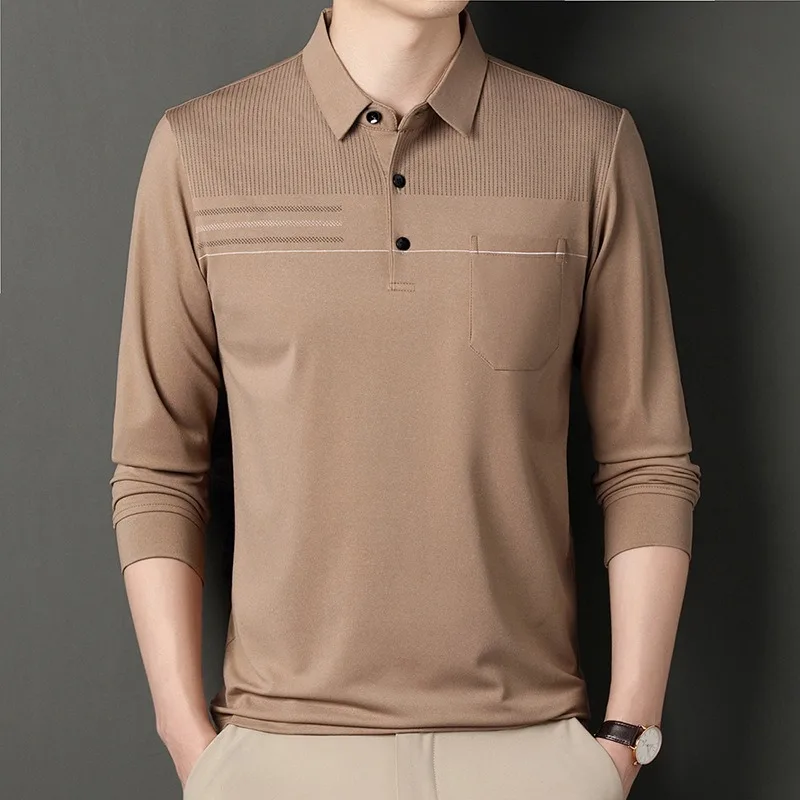 

New Turn-down Collar Men's Clothing Spring Autumn Long Sleeve Loose Polo T-shirt Striped Button Casual Fashion Vintage Tops