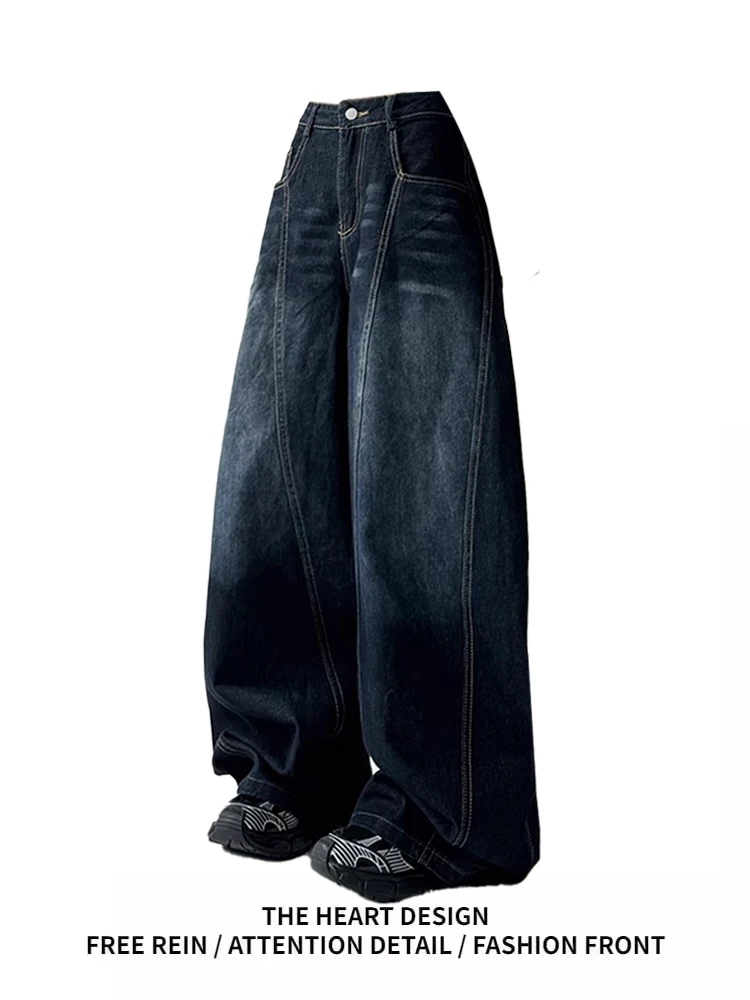 

Темно-синие свободные прямые джинсы с высокой талией, женские весенние повседневные широкие брюки длиной до пола, новый дизайн