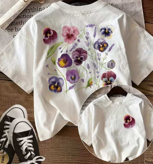 Summer Casual Women's Top Watercolor Style Three Color Violet Lavender Print Round Neck Short Sleeved T-shirts