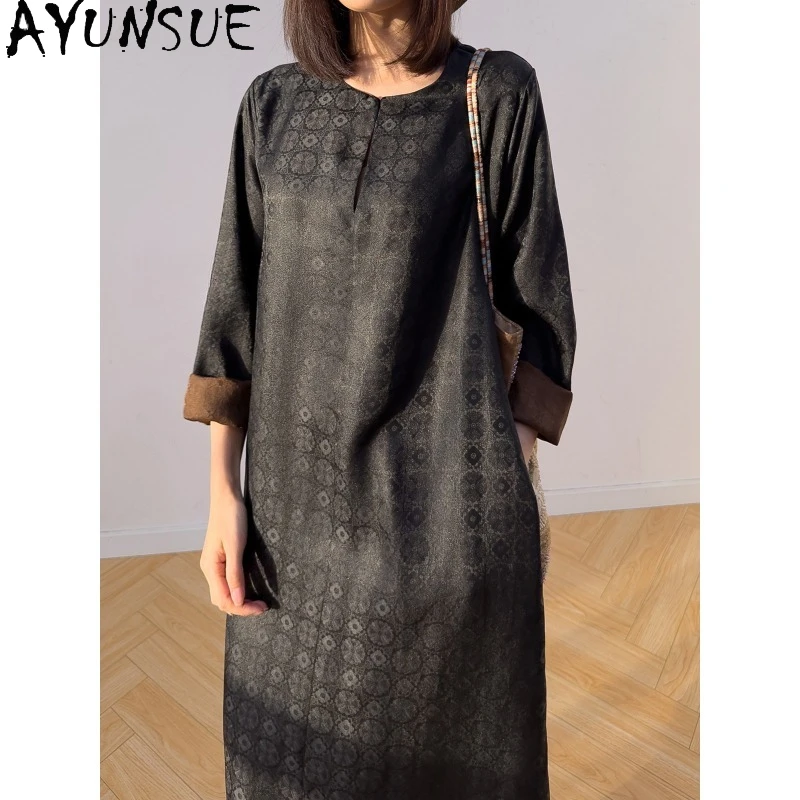 AYUNSUE Xiangyunsha Silk Women's Casual Dresses Elegant Long Dresses for Woman Long Sleeve Dress 2026 Woman Clothes Ropa Mujer
