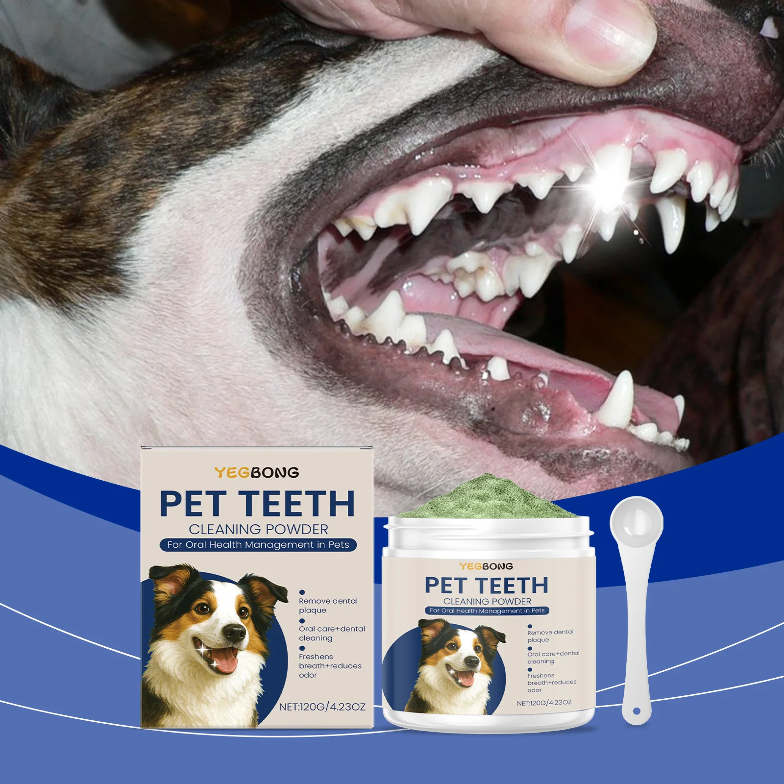 Dog Teeth Cleaning Powder with Spoon Breath Freshener Reduce Plaque Remove Dental Plaque Protect Dental Health Pet Tooth Powder