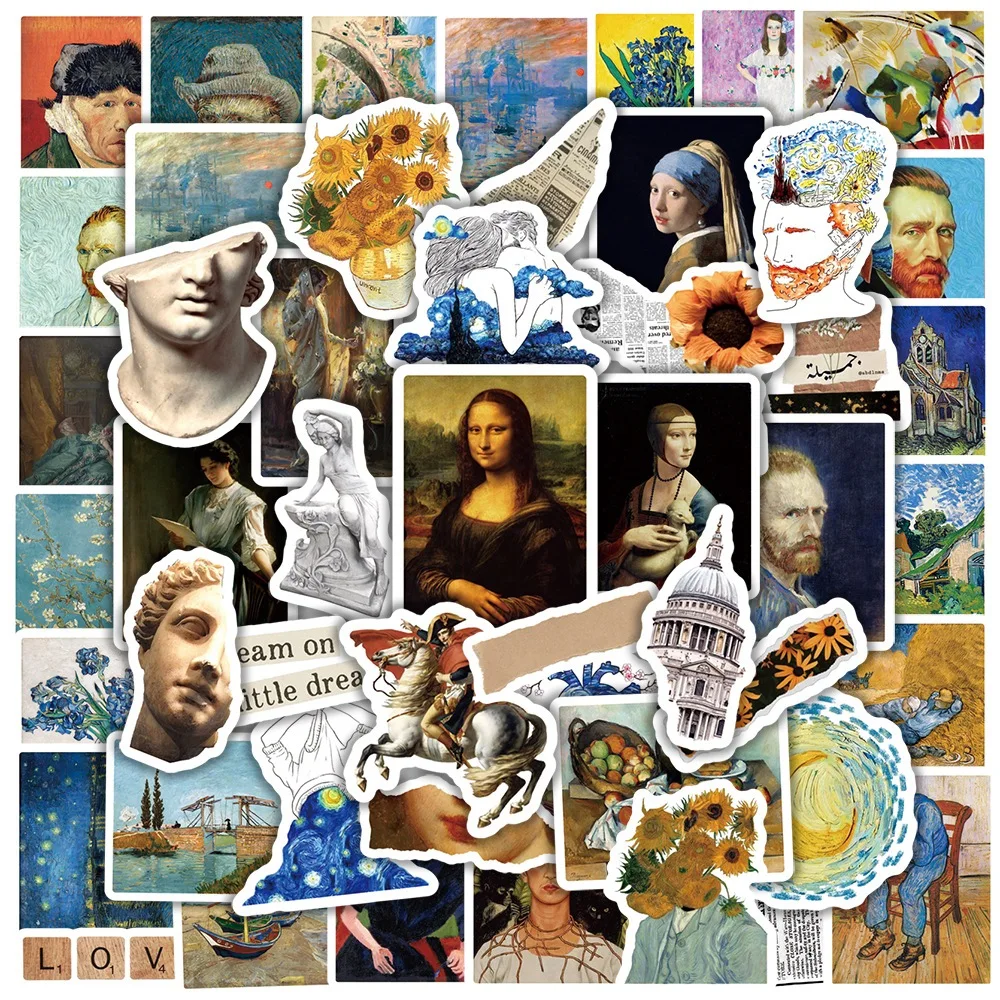 50pcs Aesthetic World Painting Artwork Stickers Da Vinci Vincent Van Gogh DIY Graffiti Decal Sticker Kids Toy Gift Waterproof