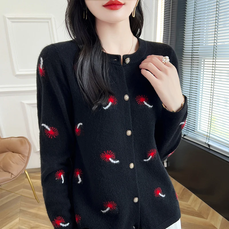 Spring Autumn New Women\'s Clothing 100% Pure Wool Round Neck Knitted Cardigan Fashion Embroidered Tops Short Korean Edition Coat