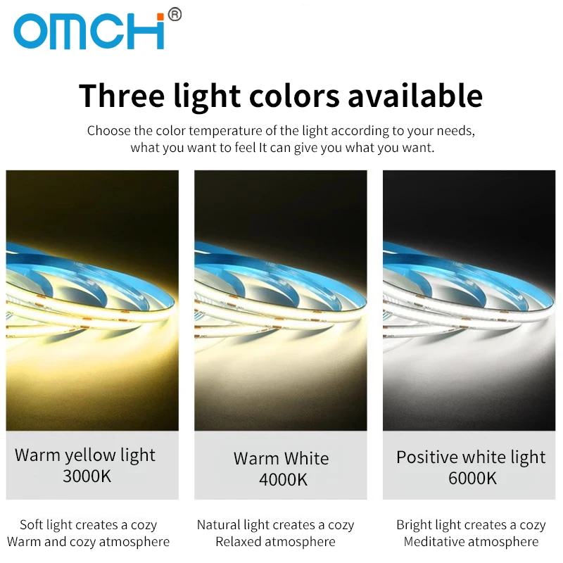 OMCH 5M Self-Adhesive COB LED Strip Light 320LED/m High Density 12V Warm/Natural/White 3000-6500K Flexible Home Decor Lighting